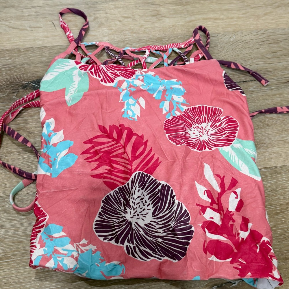 Gidget Swimwear Pink Tropical Floral Macrame Lattice Tankini Top Women Large